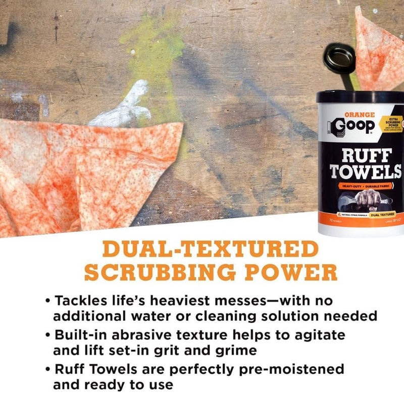 Goop Orange Heavy Duty Ruff Towels with Scrubbing Power, 10” x 12” Dual Textured Multi-Purpose Cleaning Wipes, Removes Dirt, Grease, Oil, 72 Count - Image 2